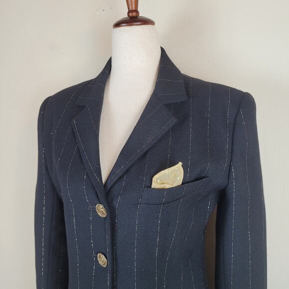 VTG Rickie Freeman Teri John Blazer Jacket 2 Black Wool Pinstripes Gold Longline - Picture 3 of 16